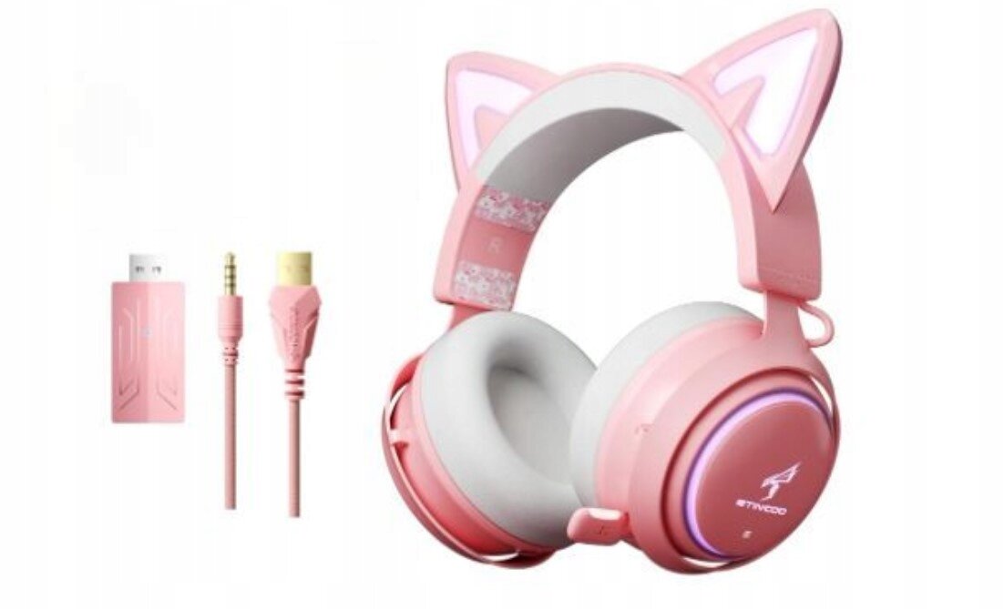 SOMIC Cat rožinės belaidės žaidimų ausinės su RGB apšvietimu, 2,4 GHz ir Bluetooth, 7.1 garsu