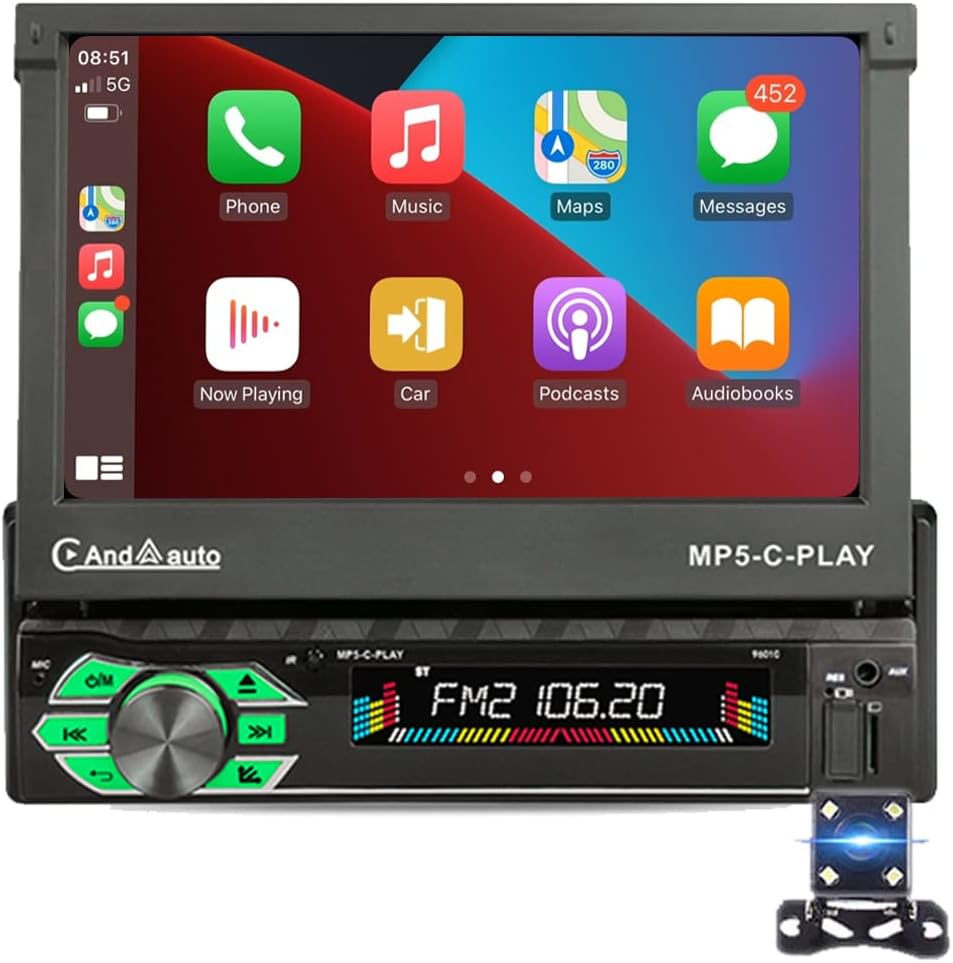 7 colių automobilinė multimedija MP5 su išvažiuojančiu ekranu ir pulteliu (1 DIN)